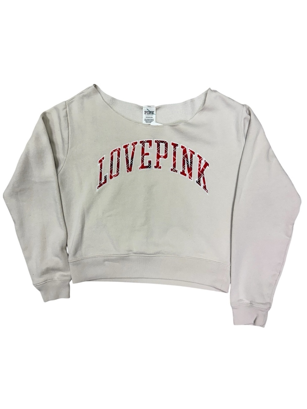 PINK Victoria's Secret Cream Cropped Sweatshirt Red LOVE PINK Graphic Small